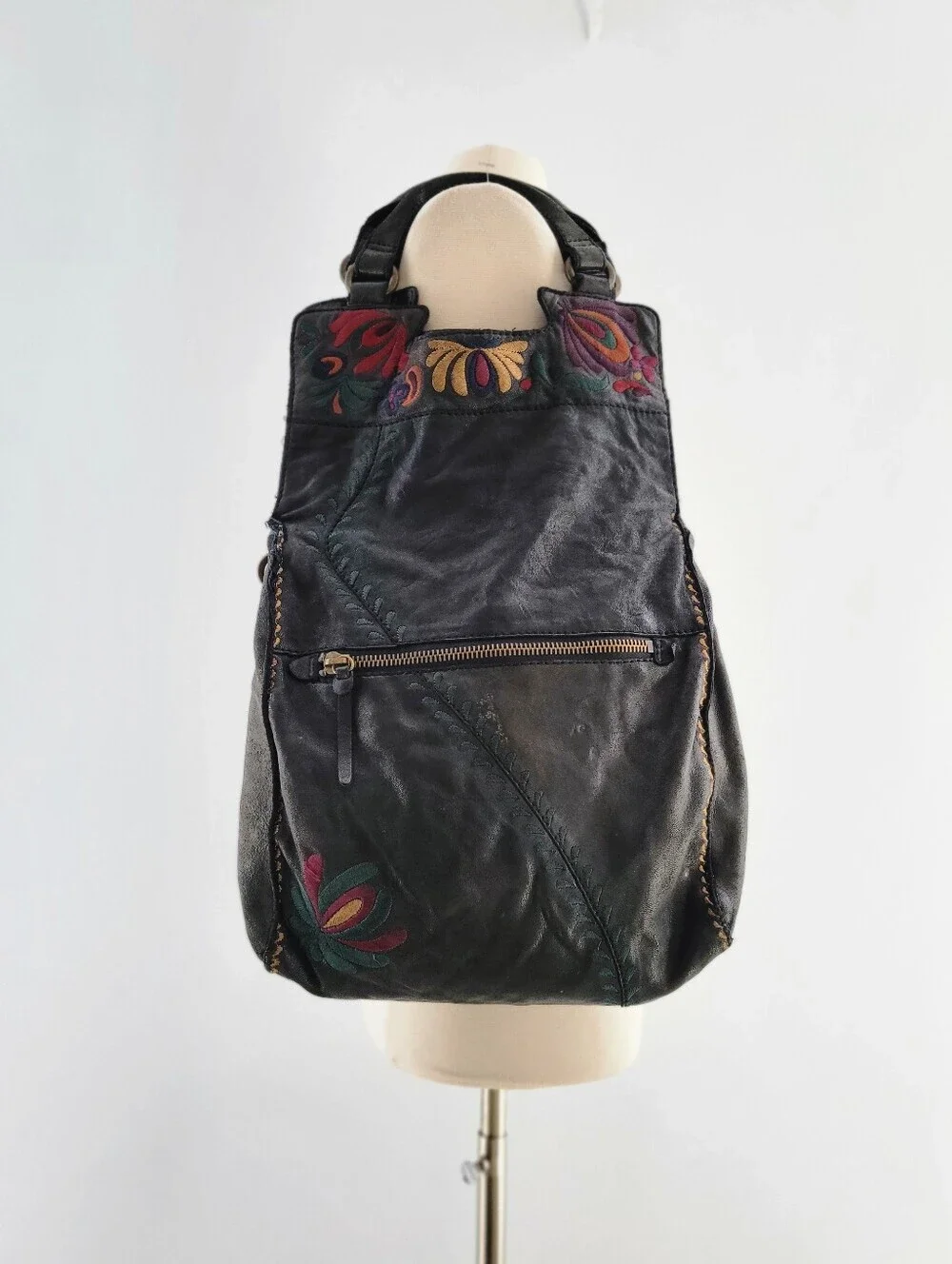 Lucky Brand Abbey Road Vintage Black Leather Hobo Bag Boho Embroidered Festival